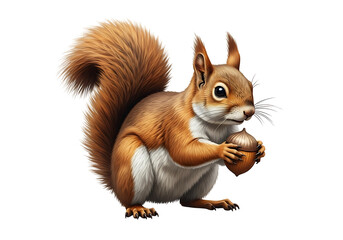 Obraz premium A detailed illustration of a squirrel holding an acorn, showcasing intricate fur textures and a warm color palette against a black background.