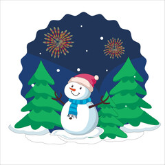 A cheerful snowman in a cartoon style. Stands against the background of snow-covered fir trees and festive fireworks.
