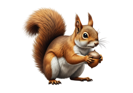 A detailed illustration of a squirrel holding an acorn, showcasing intricate fur textures and a warm color palette against a black background.