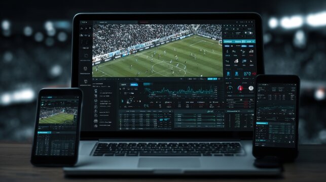 Multiple screens show a sports analytics platform providing live data and visuals during an exciting soccer match. The atmosphere is dynamic, filled with fans cheering in the background.