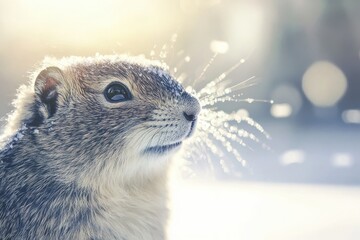 Obraz premium Close-up of a small rodent in a snowy environment, showcasing its fur and breath in the cold
