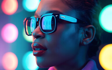 Woman with glasses and red lips in front of colorful lights on transparent background