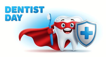 Dentist day celebration with superhero tooth character holding shield and toothbrush for dental health awareness