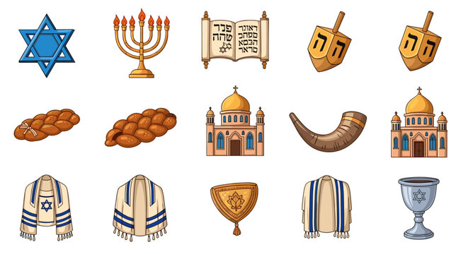 Illustration of jewish symbols including star of david menorah torah scroll dreidels challah and shofar