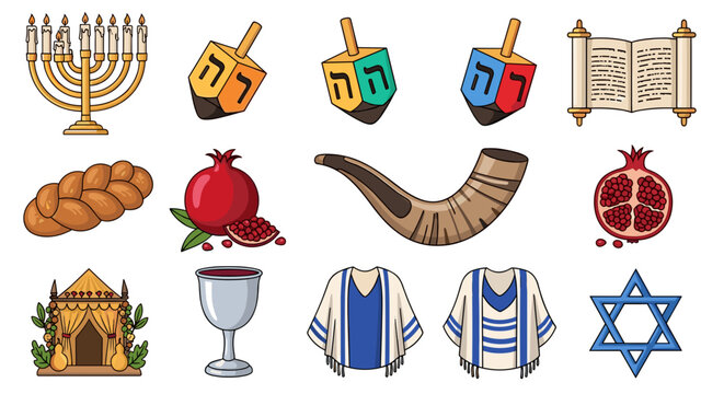 Illustration of jewish holiday items including menorah dreidels torah challah pomegranate shofar and tallit