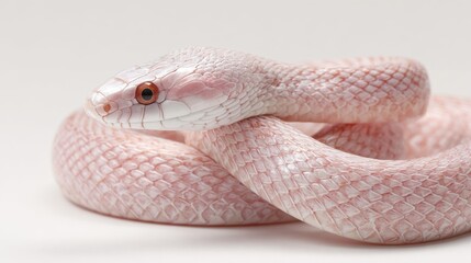 Fototapeta premium A striking pink snake rests calmly, showcasing its smooth, glossy scales and piercing eyes. This close-up captures the intricate patterns and colors, highlighting its beauty and uniqueness.
