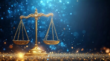 Golden and blue abstract representation of justice scales surrounded by particle effects