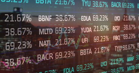 Showing stock tickers and percentages overlaying skyline, with digital panels and graphs