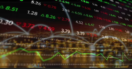 Displaying floating stock numbers, lines, green up and red down triangles on nighttime waterfront