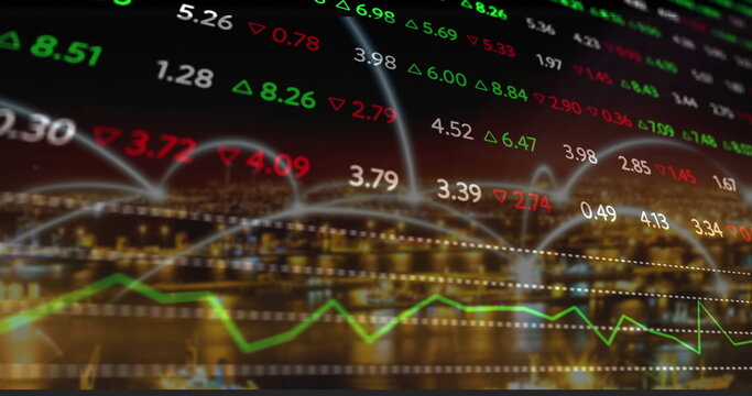 Displaying floating stock numbers, lines, green up and red down triangles on nighttime waterfront