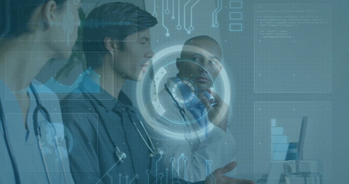 Analyzing medical team reviewing holographic patient data in clinical room, with stethoscopes