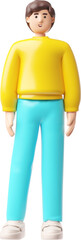 Brunette man standing 3D cartoon vector smiling guy character posing with brown hair wear yellow long sleeve front view