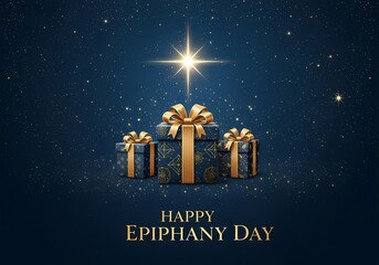 Epiphany day celebration with golden gift boxes and radiant starry night sky