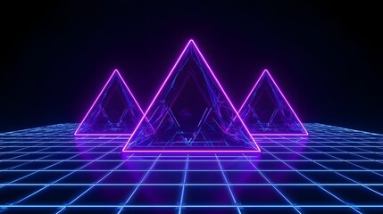 Abstract Cyberpunk Triangles with Neon Purple Glow and Electric Blue Grid &ndash; Sharp Edges, Photoreal Lighting, Dark Void Setting, Futuristic Suspended Geometry