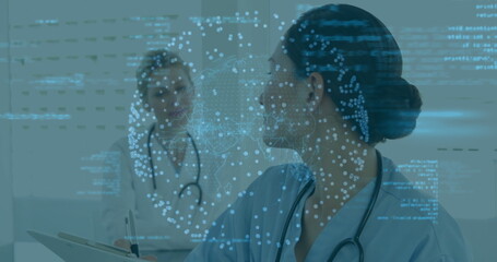 Reviewing data overlay, nurse in scrubs holding clipboard, pen, stethoscopes at clinic, copy space