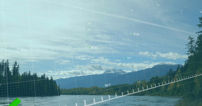 Mapping river valley with evergreens and snowcapped peak under grid overlay axis and numeric tags