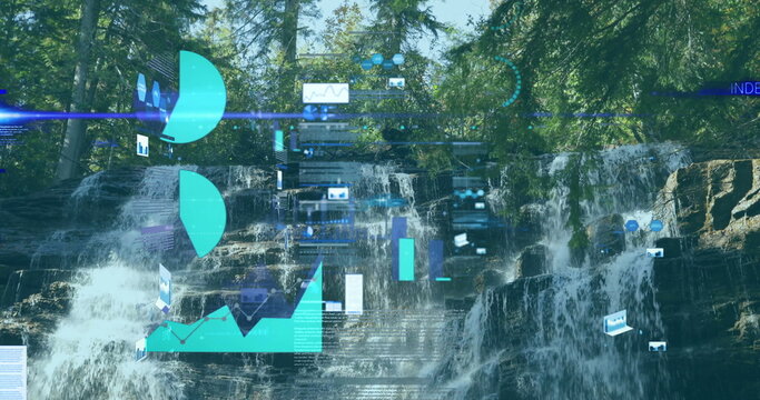 Cascading waterfall streaming through forest, with digital UI panels, charts and progress icons