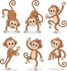 Playful Cartoon Monkeys in Fun Jungle Poses, Perfect for Children’s Educational Materials, Animal-Themed Vector Art, and Decorative Projects