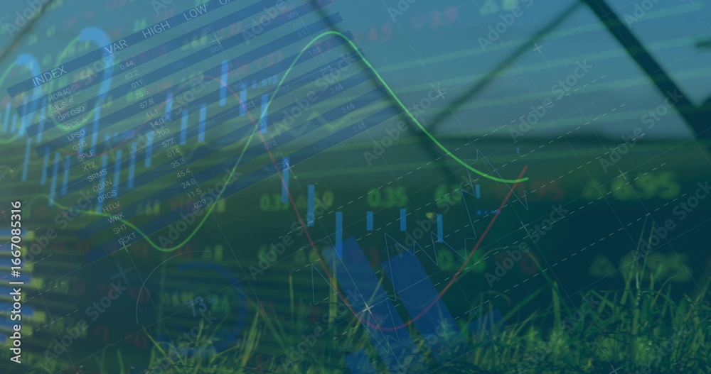 Wall mural displaying market overlay over grass field fence, showing candlestick, line graphs with index table