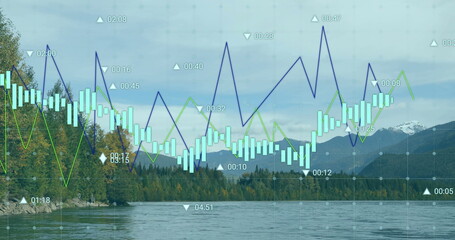 Naklejka premium Displaying translucent financial data overlay across mountain lake scene, with bars and line graphs