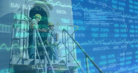 Maintenance engineers inspecting hatch access on airport platform, tablet and stock overlay