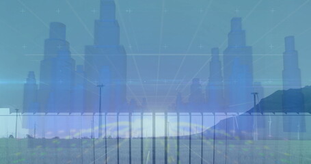 Displaying wooden fence posts and utility poles merging with digital grid in farmland, skyline