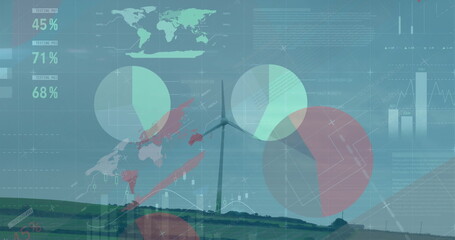 Displaying wind turbine standing on grassy hill, with map overlay, pie charts and bar graphs