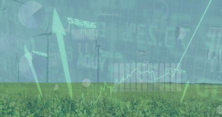 Merging wind turbines rising over yellow crop field on farm with financial charts, green arrows