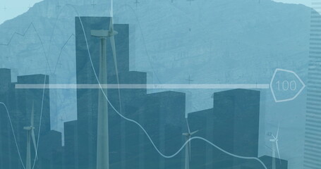 Showing central wind turbine rising on digital dashboard, with wavy graph line and hexagon 100