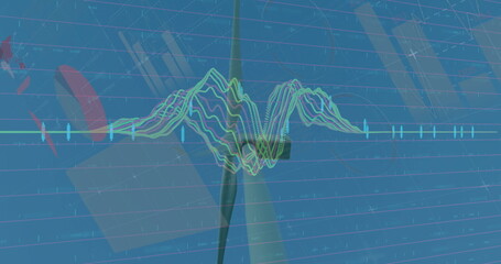 Displaying wind turbine with rotor hub and blades in data interface, waveform lines and chart axes