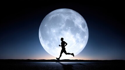 Silhouette of a runner at night under a full moon.