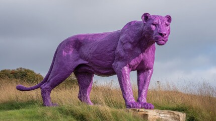 In an outdoor setting, a large purple lion statue dominates the landscape, positioned on a grassy hill as clouds drift by. This vibrant art piece draws attention and sparks curiosity.