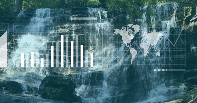 Showing waterfall cascading over mossy rocks in woods with bar chart, world map, timeline overlays
