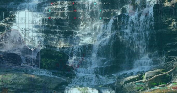 Fototapeta Flowing waterfall cascading over layered mossy ledges at forest gorge with digital ticker symbols