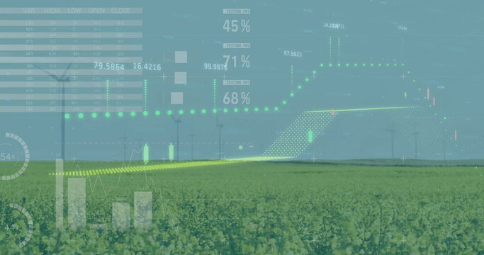 Overlaying line graphs and bar charts onto green crop field and wind turbines on wind farm - Powered by Adobe
