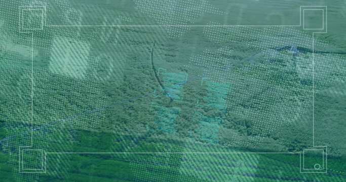 Fototapeta Displaying dense forest canopy over hills through HUD grid frame with blue contours, node markers