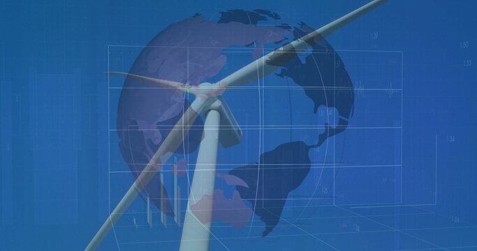 Displaying white wind turbine tower crossing clear globe on blue data charts, with overlays
