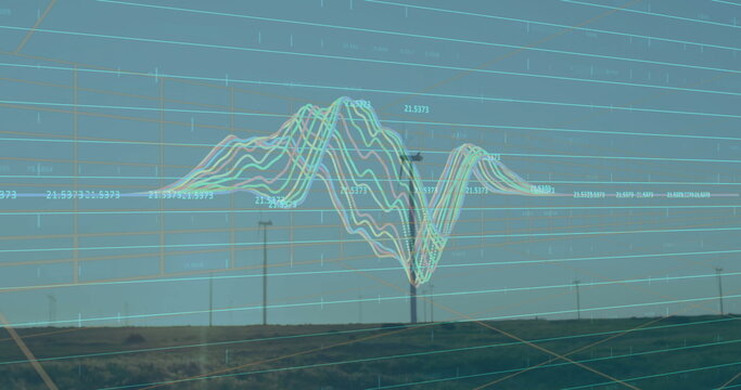 Displaying wind turbine standing on grassland, with grid overlay, waveform chart and data labels