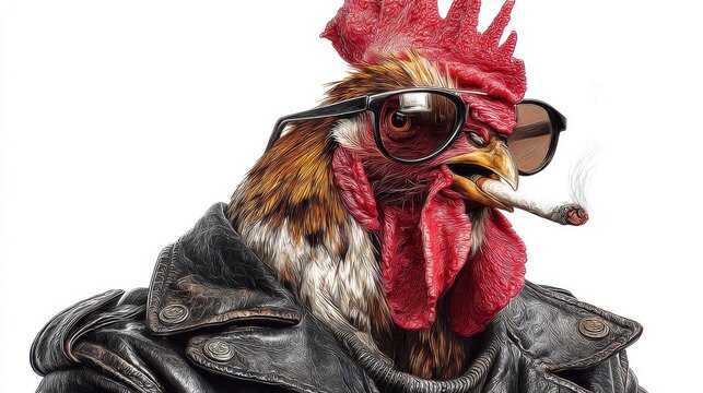 A rooster with striking red comb wears stylish sunglasses and a black leather jacket while casually smoking a cigarette. The humorous depiction offers a playful twist on typical poultry.