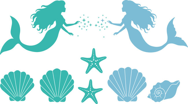 Colorful mermaid vector illustration set, underwater fantasy elements, sea shells, starfish, magical ocean characters clipart, aquatic design for kids, decor bundle