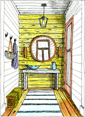 Cozy Yellow Entryway with Mirror and Nautical Decor Sketch
