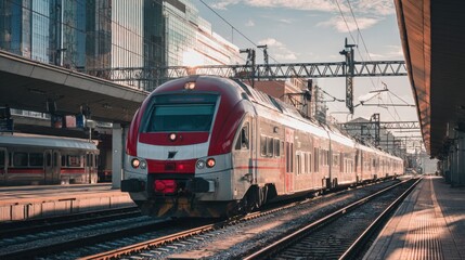 Naklejka premium A sleek, red and white train approaches a bustling urban station as the sun sets, casting warm light on the buildings and tracks. Passengers wait to board as the day ends.