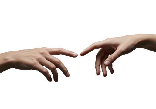 Two graceful human hands with subtle fine lines, clean nails, fingertips poised millimeters apart on a seamless transparent studio background with soft diffused light, concept of delicate human