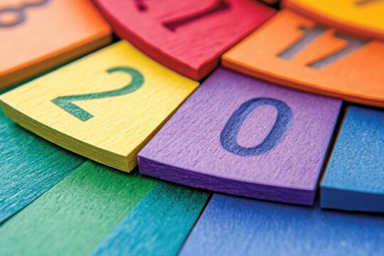 Close-up of colorful wooden number blocks arranged in a vibrant circular pattern, showcasing educational play