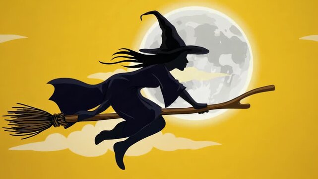 Animation of a witch flying on a broomstick under the moon. Yellow background. Perfect for Halloween.