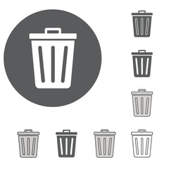 Collection of trash can icons in different styles isolated on white background