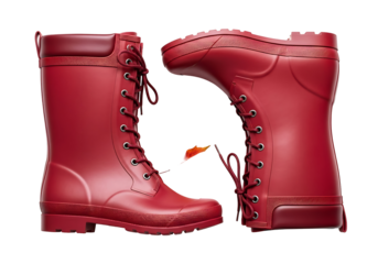 A pair of vibrant red rain boots, featuring durable construction and stylish lacing, are presented against a striking black background.