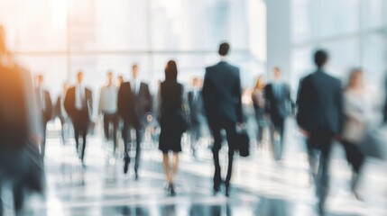 Crowds of business professionals in formal attire move through a sleek urban office building filled with natural light, indicating a busy workday. The atmosphere is vibrant and dynamic.