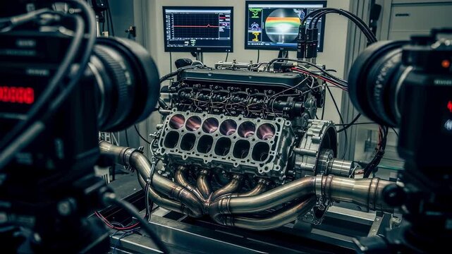 Highspeed cameras capturing combustion events inside a Formula One engine during a dyno test for advanced thermal and spectral analysis.