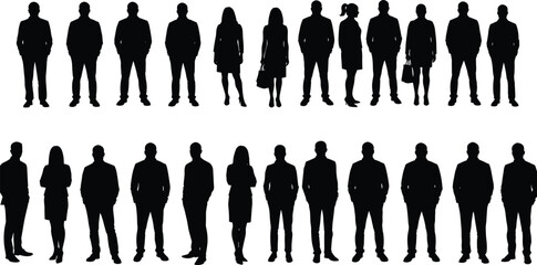 Silhouettes of diverse business professionals, standing team members, formal attire, teamwork, office staff, corporate workers, leadership, group unity, business vector illustration